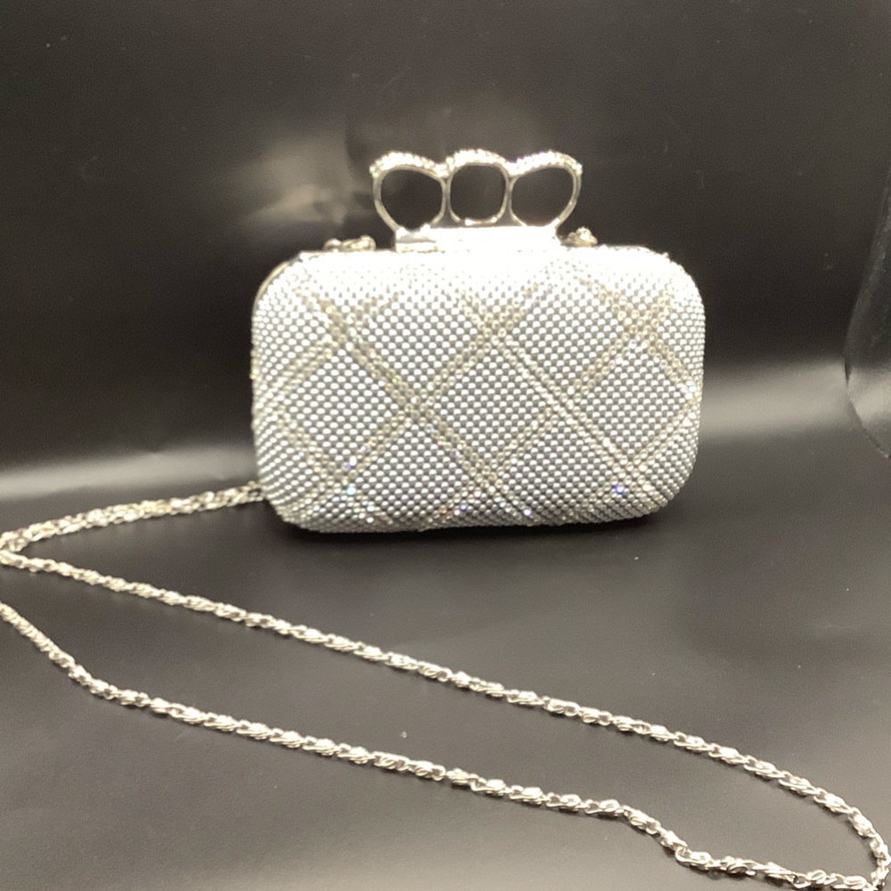 Crystal Embellished Knuckle Clutch Bag - Silver